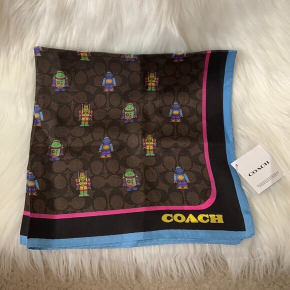 COACH Cosmic Coach Signature Robot Print Silk Bandana in Walnut Multi - Picture 2 of 2